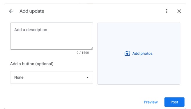 Add a description, select CTA and photos, then preview before posting.