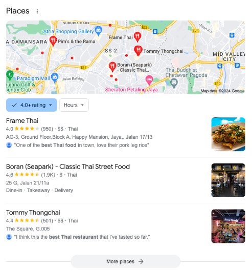 local map pack result for best thai restaurant in PJ