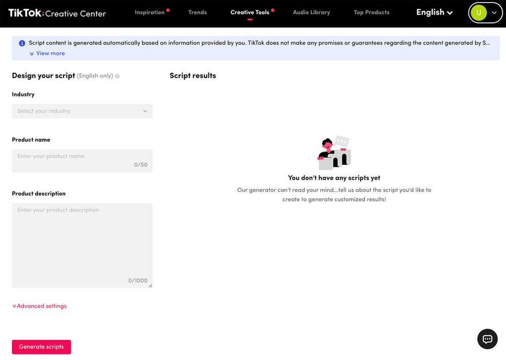 Ad Script Generator on TikTok Creative Centre