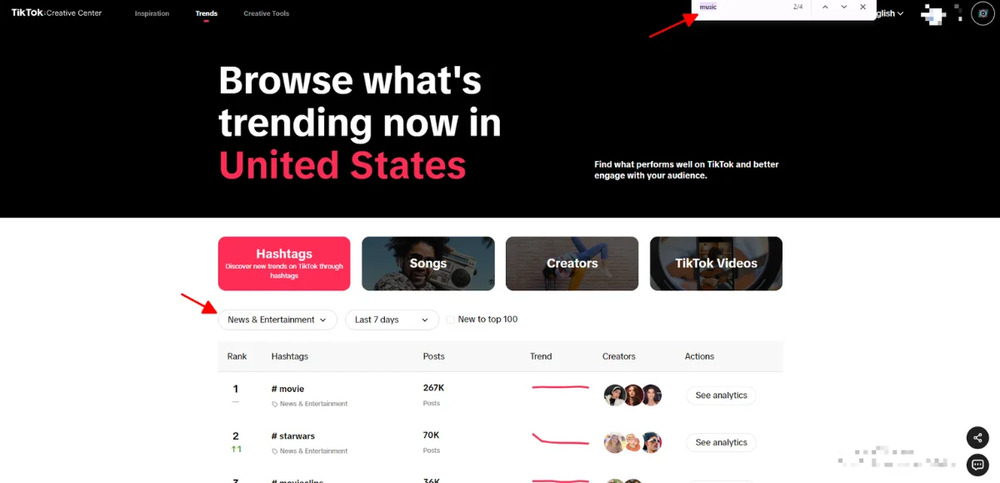 Tiktok trends and hashtags on Tik Tok Creative Center