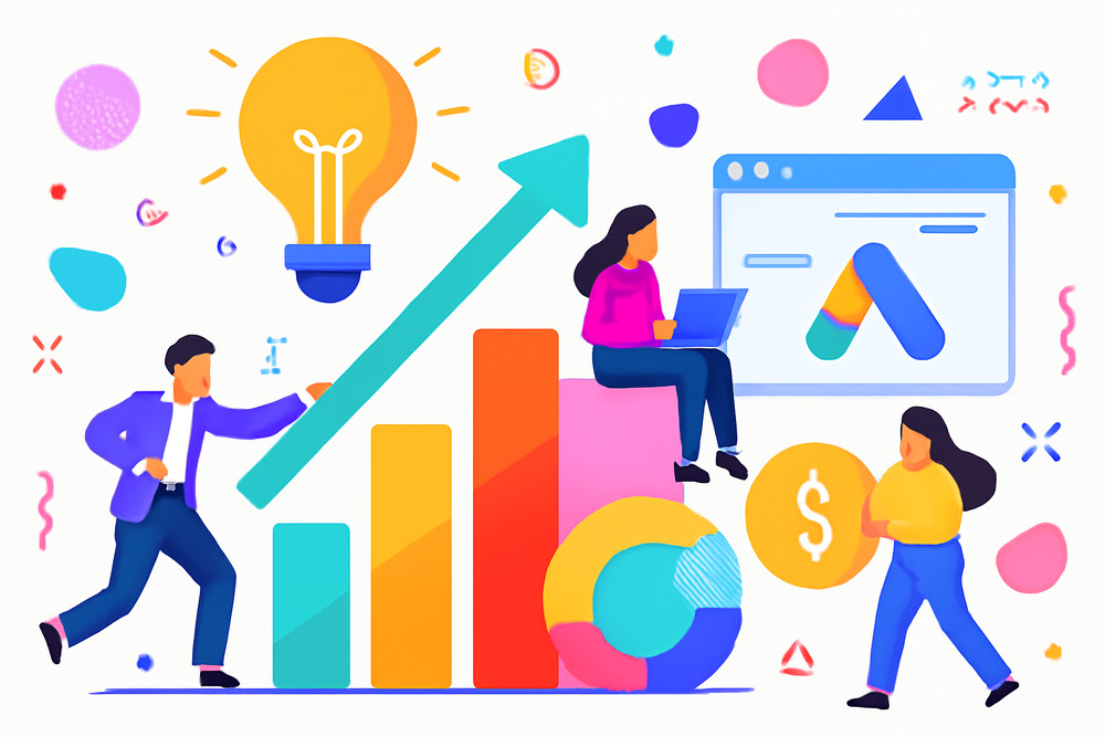 Colorful digital illustration showing business figures working with charts a laptop displaying Google Ads and a gold coin symbolising financial growth