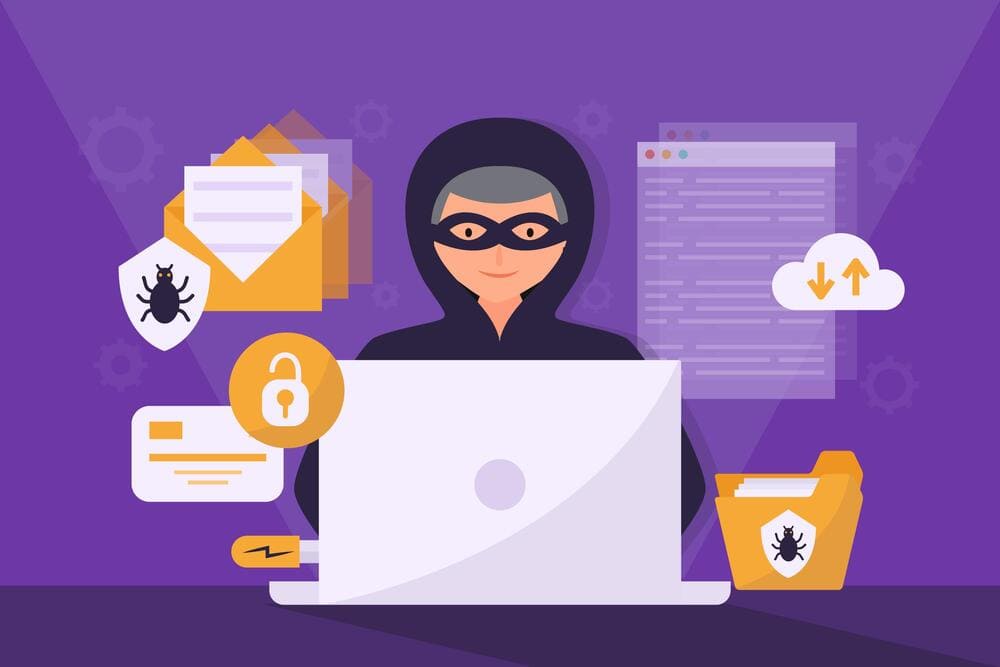 Illustration of a masked hacker at a laptop surrounded by security icons representing combating advertising fraud with blockchain solutions
