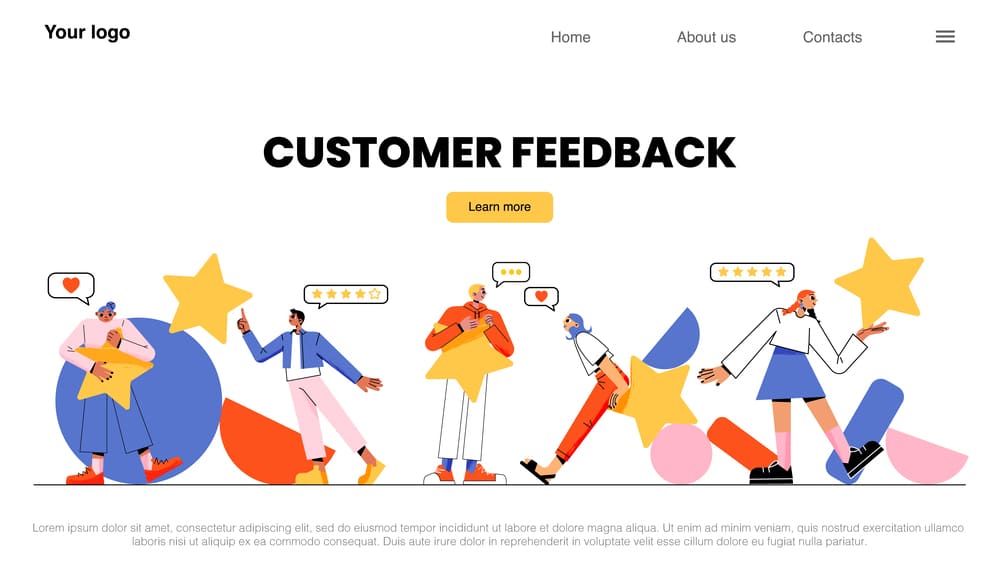 Illustration of happy customers giving positive ratings and holding stars representing strengthening customer loyalty programs with tokenisation