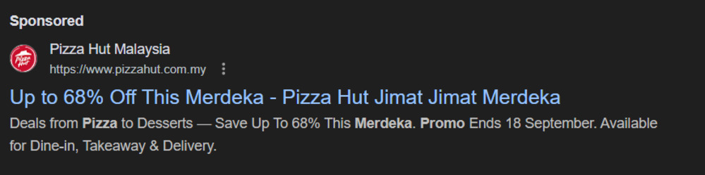 Pizza Hut’s Merdeka promotion is listed as Google display ads in the search results.