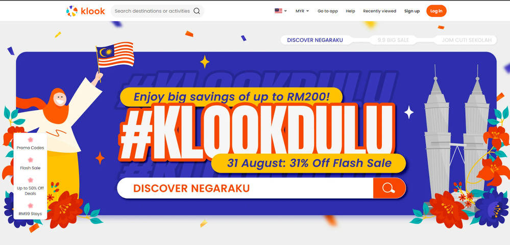 The image illustrates the promotional offers by Klook for the Merdeka celebrations