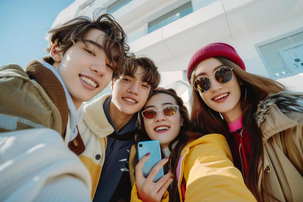 A group of Generation Z friends clicking up a selfie  
