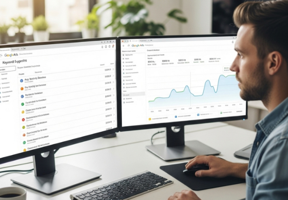 A man analysing Google Ads performance metrics and keyword suggestions on two computer monitors