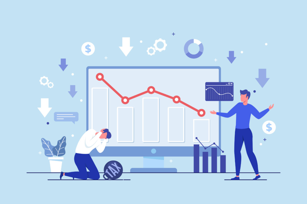 Illustration of two men reacting to a downward trend on a computer screen, one in despair and the other explaining.