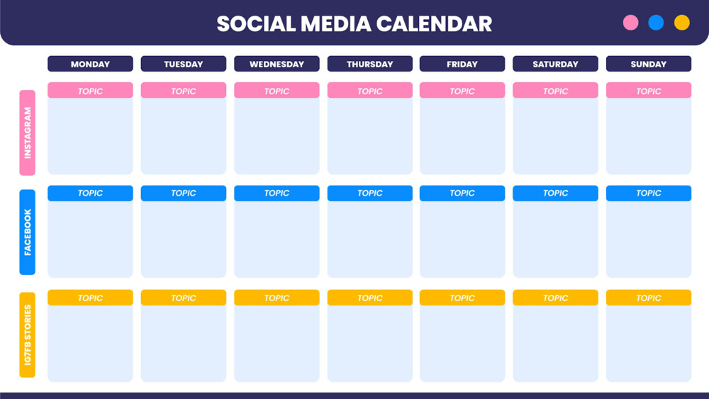 Image illustrates a template of the social media calendar