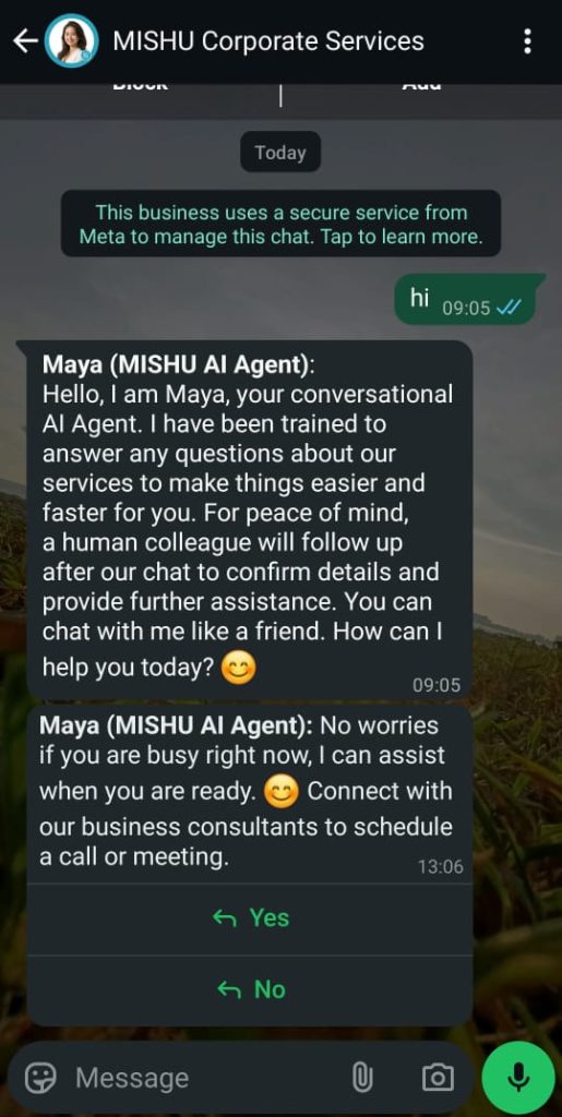 Mishu ‘s AI conversational Whatsapp chatbot