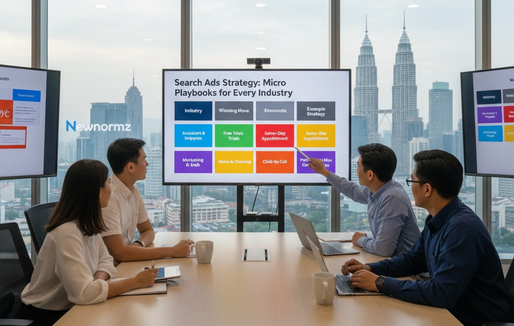 Four professionals in a modern office looking at a large screen displaying a Search Ads Strategy Micro Playbooks for Every Industry chart. 
