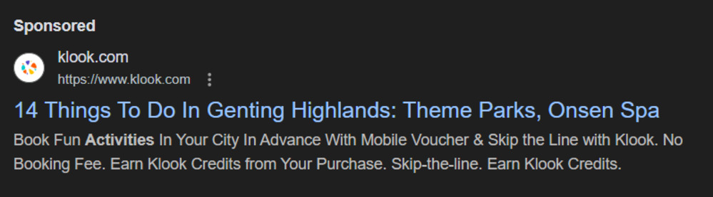 Klook’s Google Ads and Landing page for the search “things to do in Genting Highland”