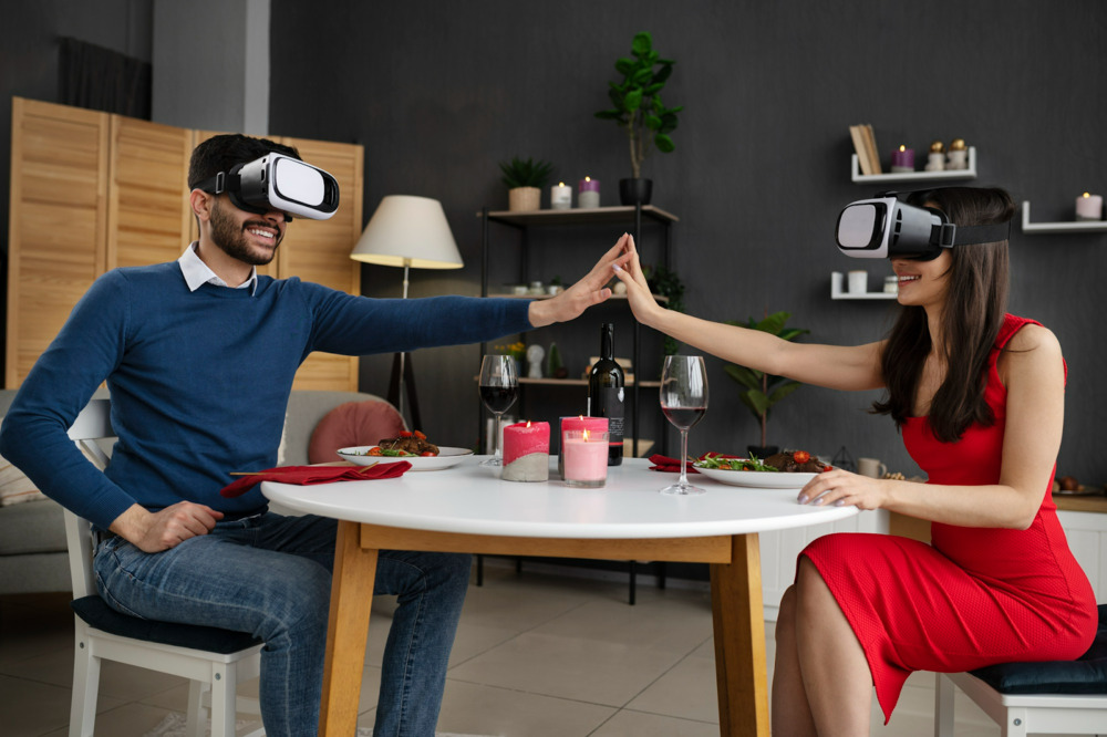 Young couple enjoying immersive VR experiences on their date 

