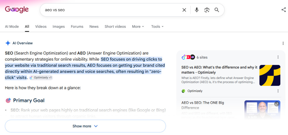 AI Overview of showing the answers on Google