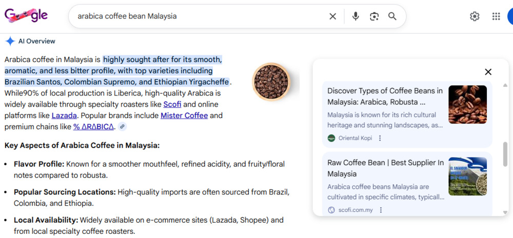 Oriental Kopi in featured snippet on Google