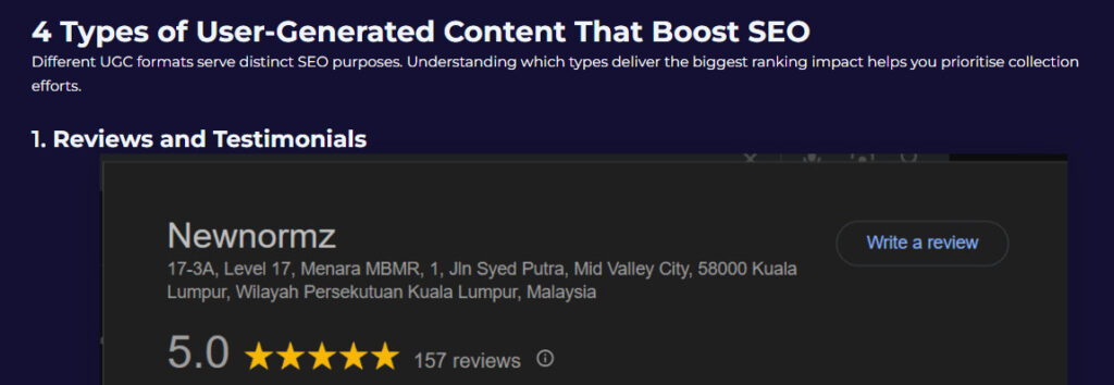 “Types of User-Generated Content for SEO” in H2