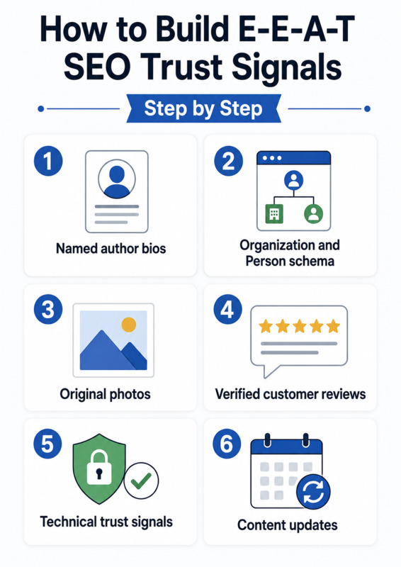 Actions to build E-E-A-T trust signals