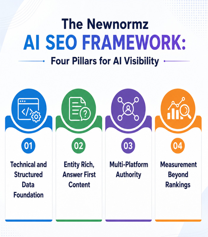 Newnormz’s AI SEO framework contains four pillars for AI visibility