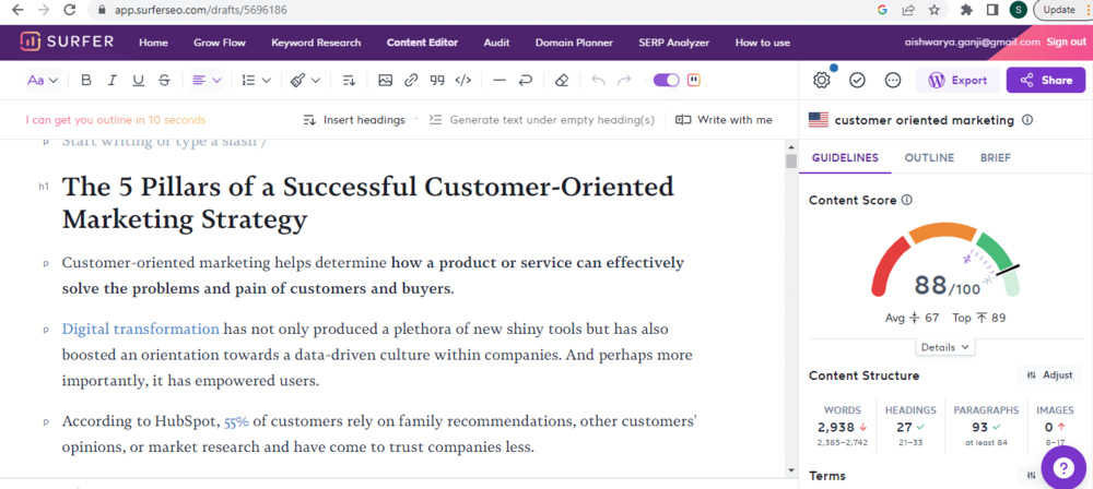 Surfer SEO platform