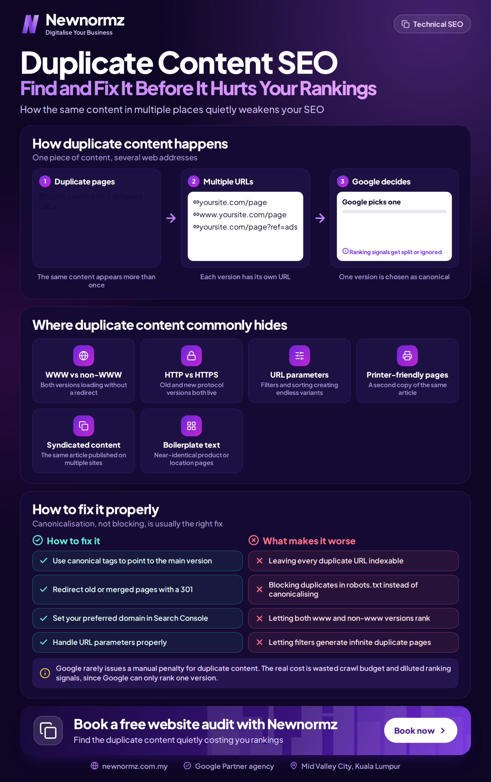Infographic on common causes of duplicate content on business websites and how each one is fixed