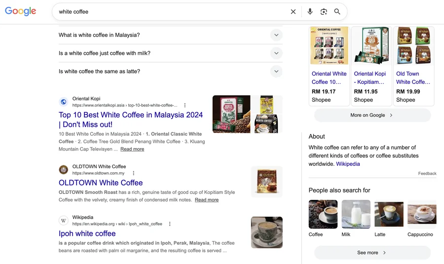 Oriental Kopi ranking #1 on Google for white coffee
