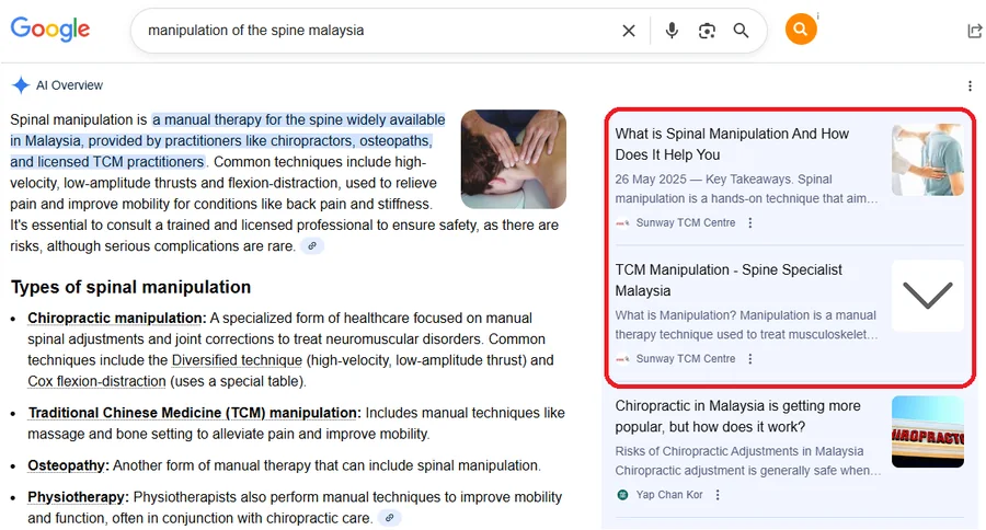 Google AI Overview citing Sunway TCM Centre for spinal manipulation